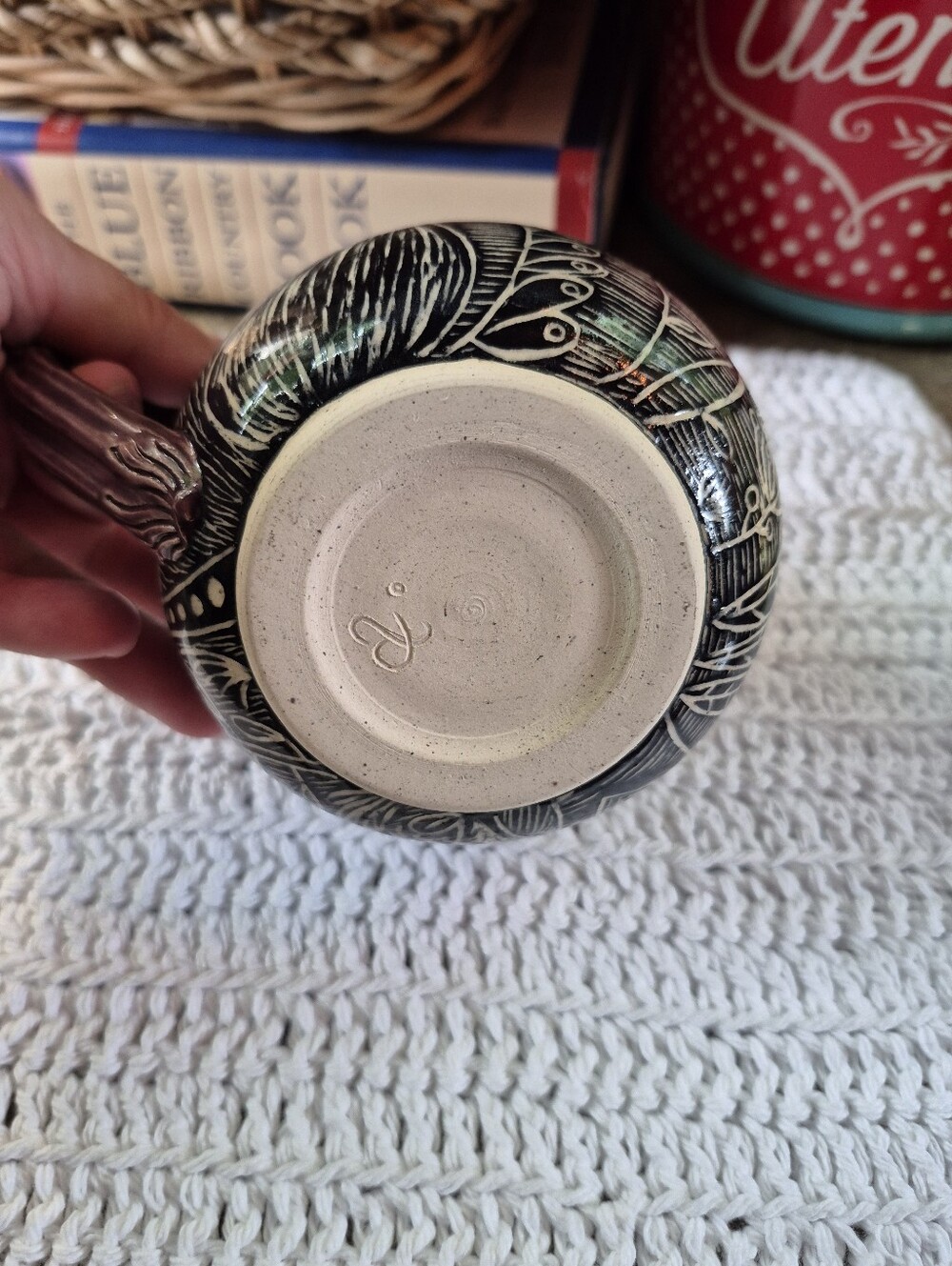 New Sgraffito Mushroom Floral Design Plum-Purple Glazed Handcrafted Signed Mug - Picture 6 of 8